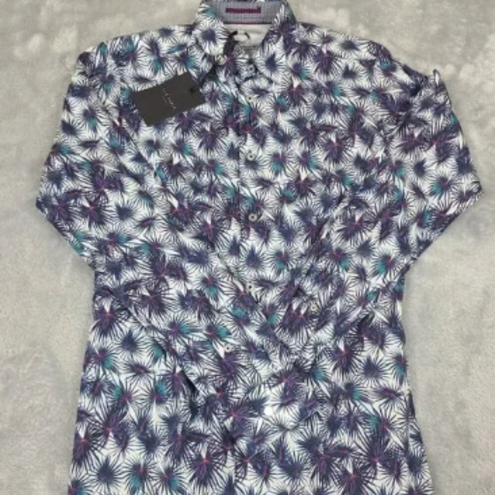 Ted Baker Mens Karaf Long Sleeve LS Palm Printed Dress Shirt Sz‎ 1 NEW $165